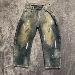 Men Distressed W30 Small Baggy Paint Splatter Wide Leg Skater Denim Jeans Pants